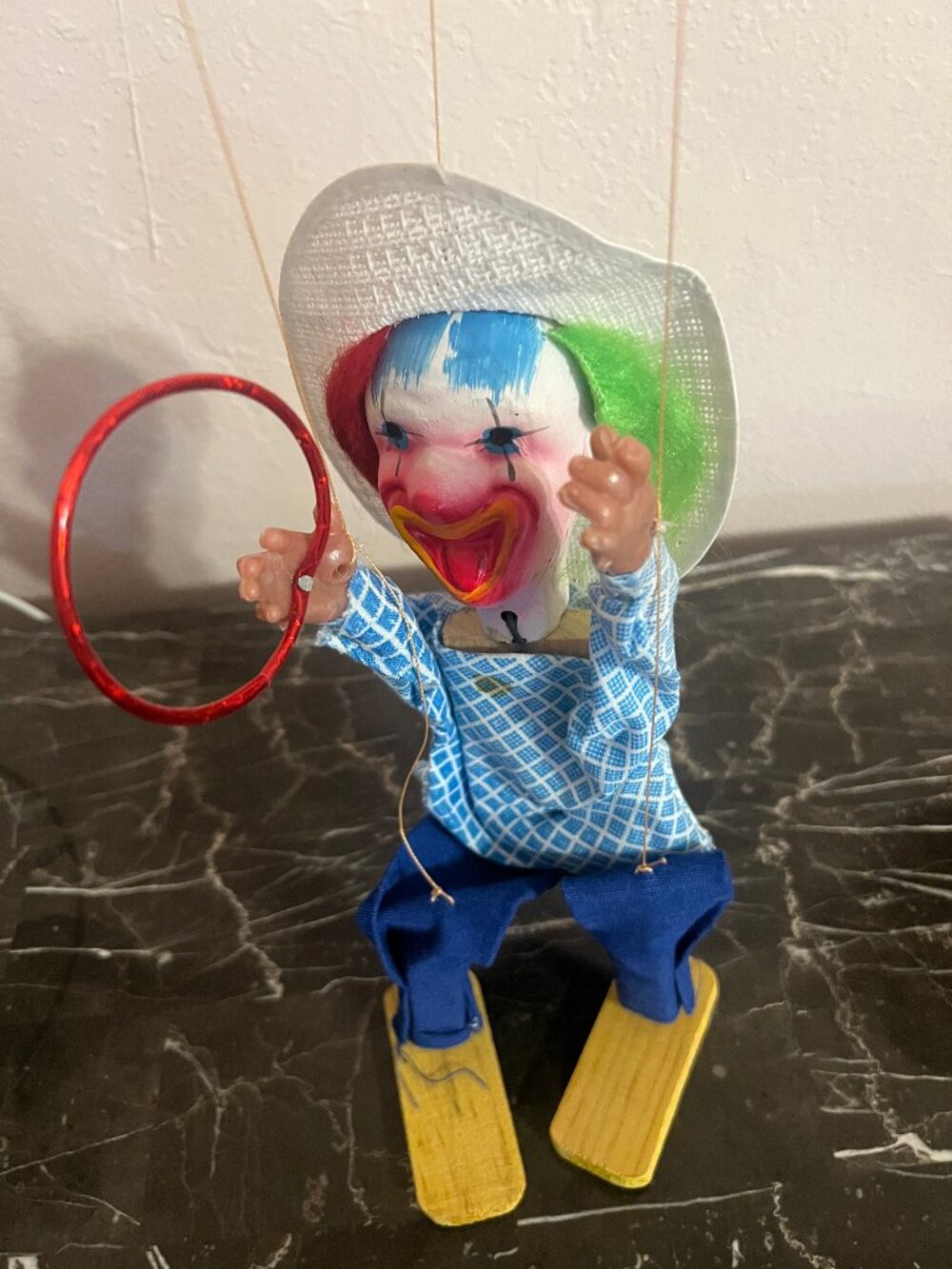 Vintage Clown Marionette Puppet on Skis 12" tall, Hand Painted Circus Puppet